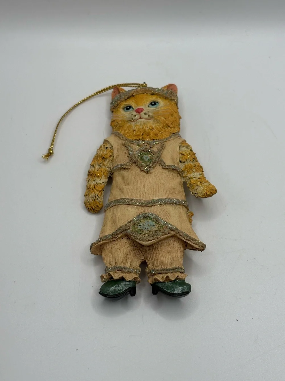 Vintage Anthropomorphic Orange Tabby Cat Christmas Ornament Victorian Glitter 4.